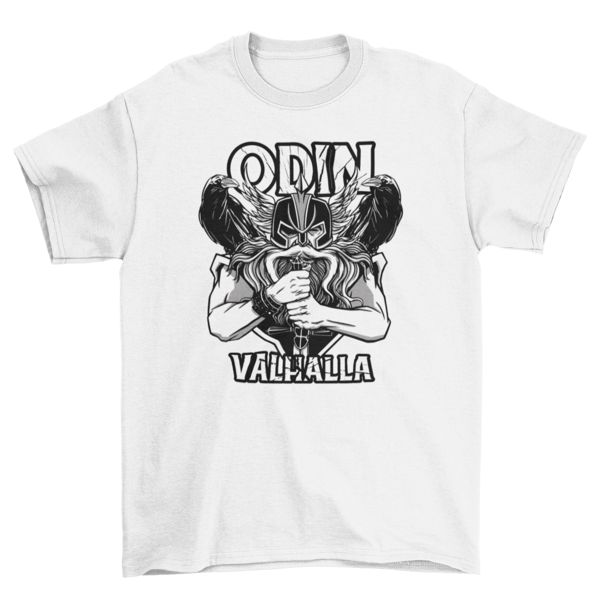 Odin Valhalla Viking T-shirt featuring a monochromatic design, showcasing Norse mythology elements.