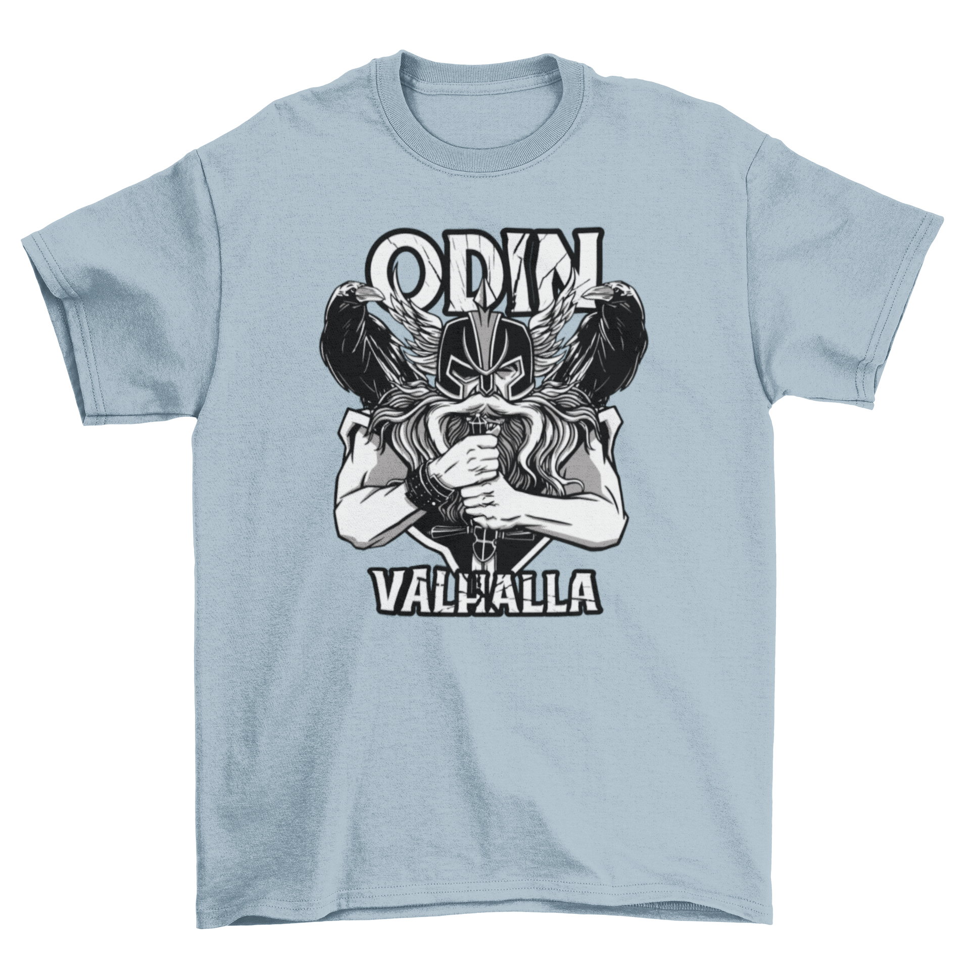 Odin Valhalla Viking T-shirt featuring a monochromatic design, showcasing Norse mythology elements.