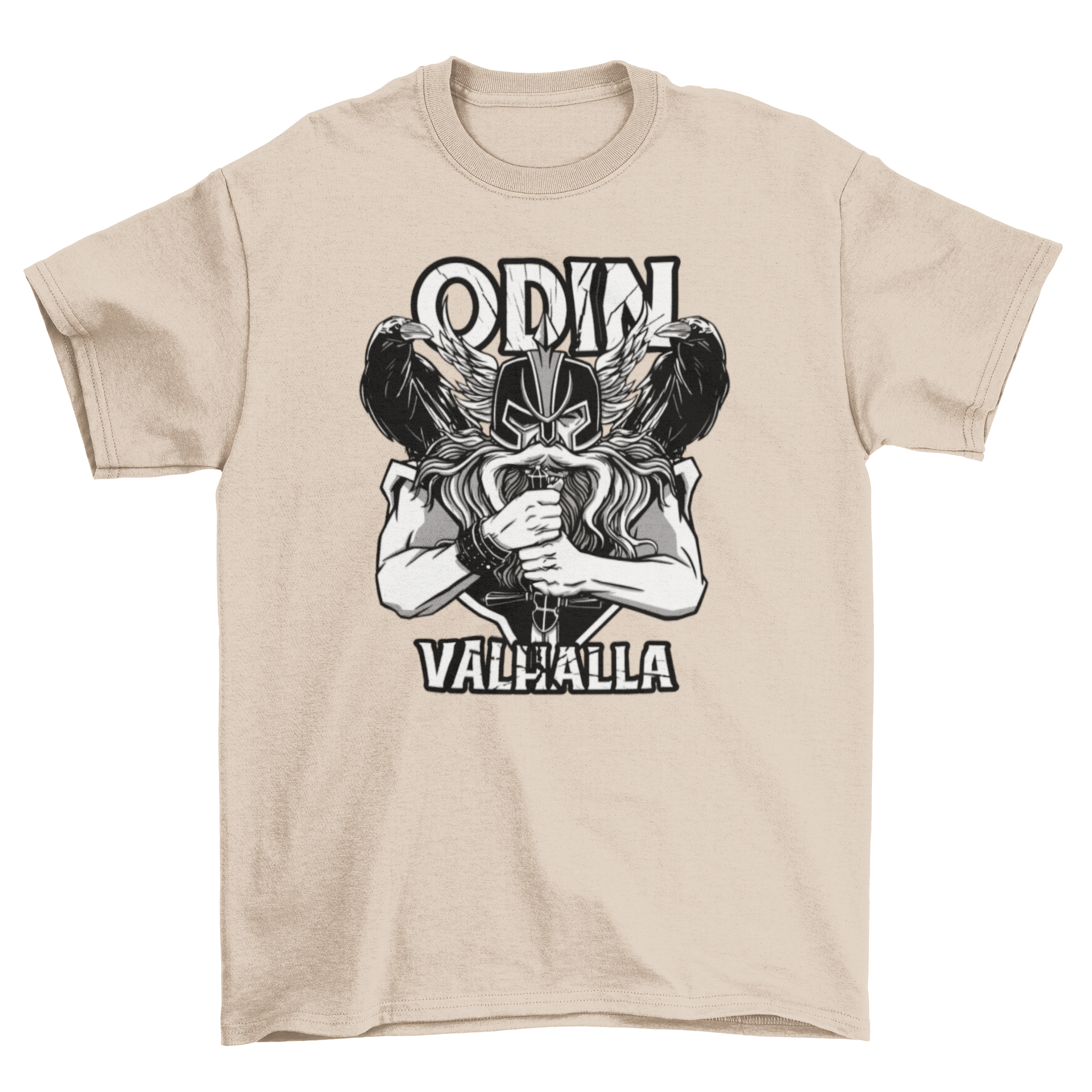 Odin Valhalla Viking T-shirt featuring a monochromatic design, showcasing Norse mythology elements.