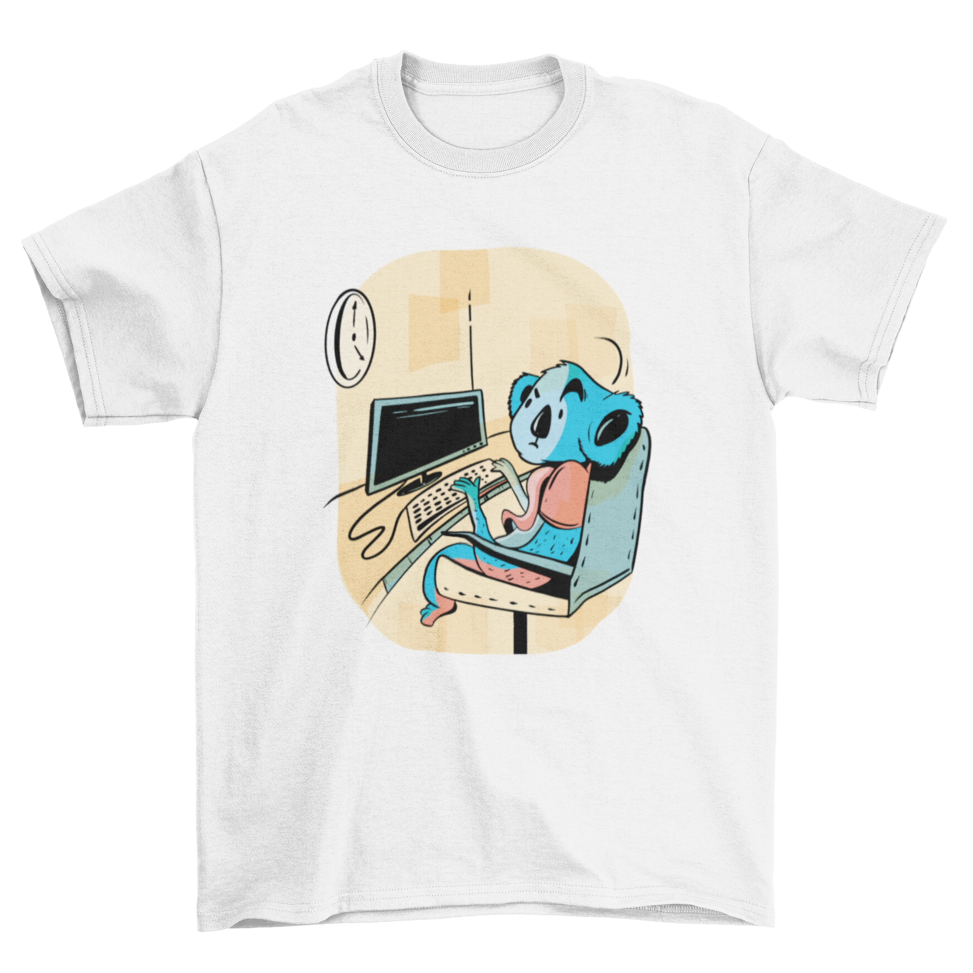 A stylish T-shirt featuring a cute koala working at an office desk, perfect for casual wear.