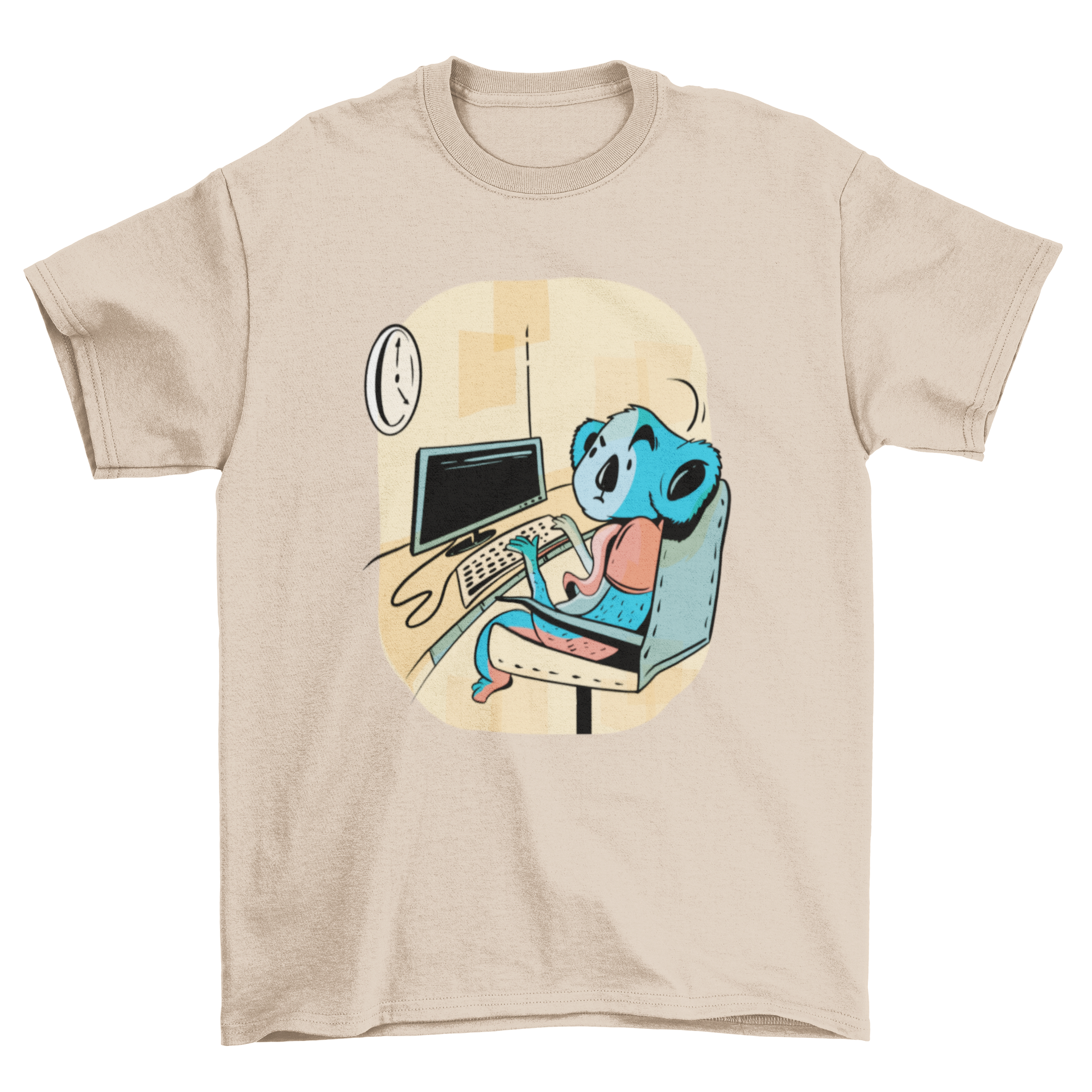 A stylish T-shirt featuring a cute koala working at an office desk, perfect for casual wear.