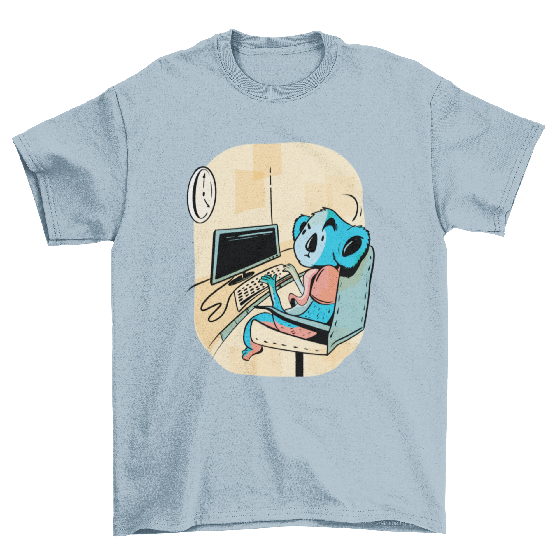 A stylish T-shirt featuring a cute koala working at an office desk, perfect for casual wear.