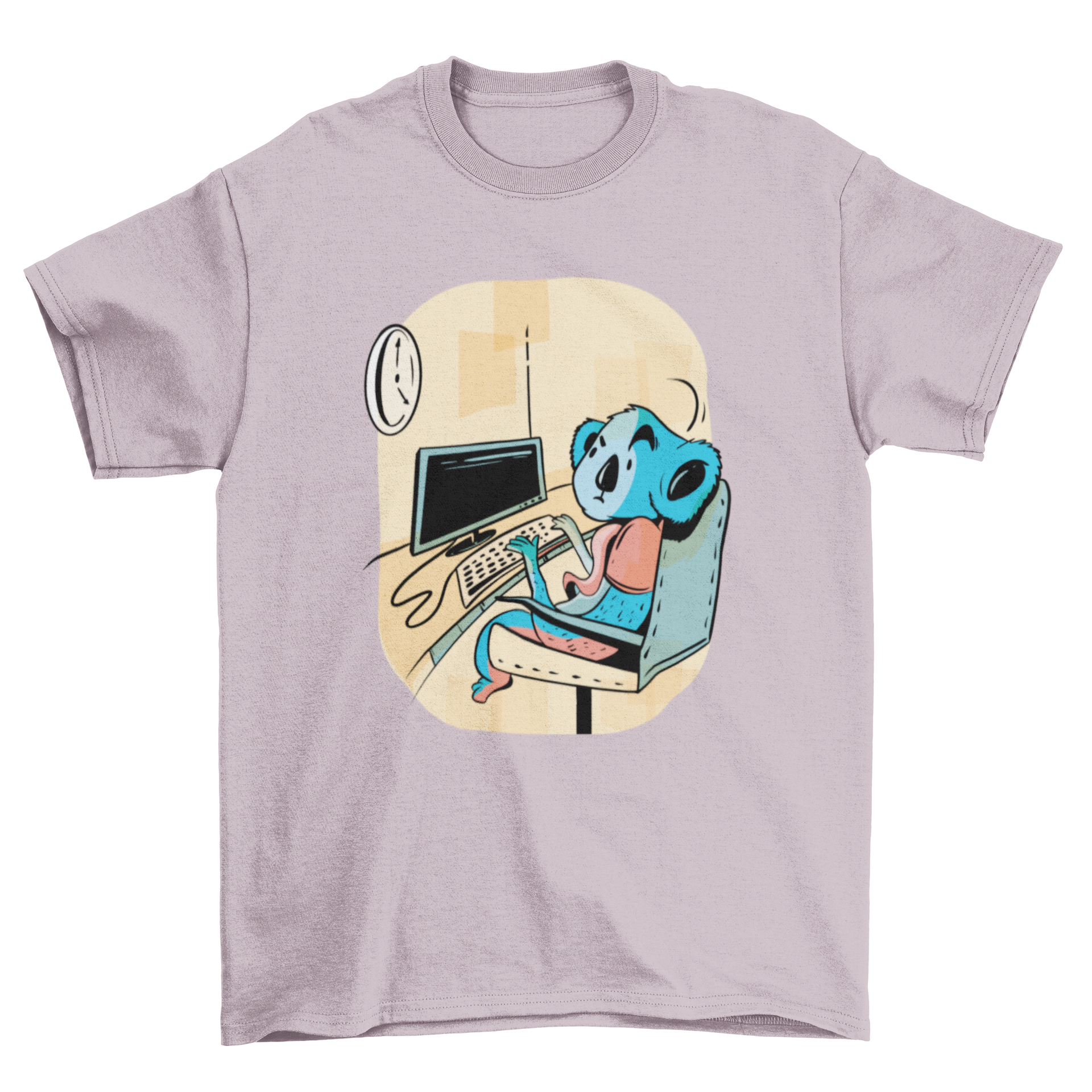 A stylish T-shirt featuring a cute koala working at an office desk, perfect for casual wear.