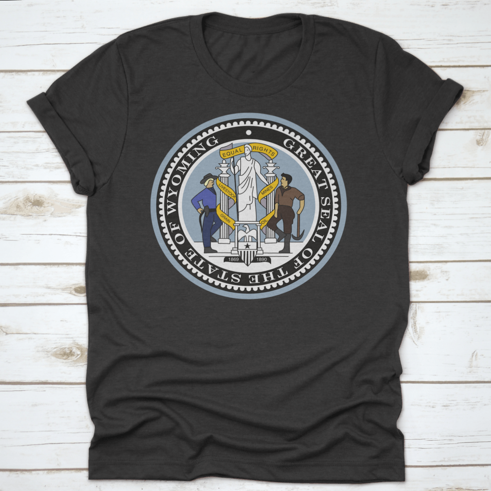 Official Current Vector Great Seal Of The Federal State Of Wyoming shirt, showcasing the state seal on a comfortable cotton fabric.