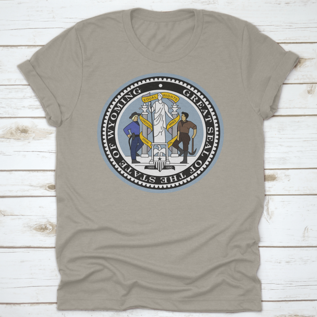 Official Current Vector Great Seal Of The Federal State Of Wyoming shirt, showcasing the state seal on a comfortable cotton fabric.