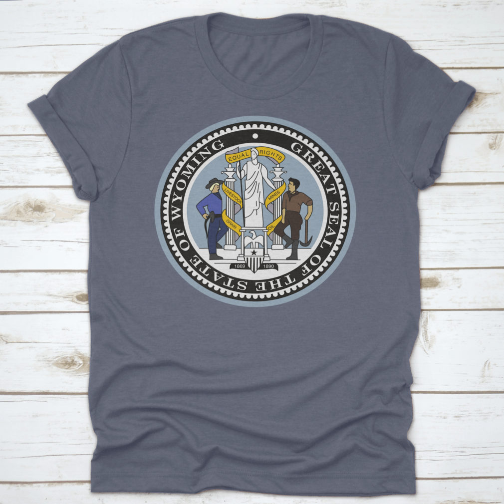 Official Current Vector Great Seal Of The Federal State Of Wyoming shirt, showcasing the state seal on a comfortable cotton fabric.