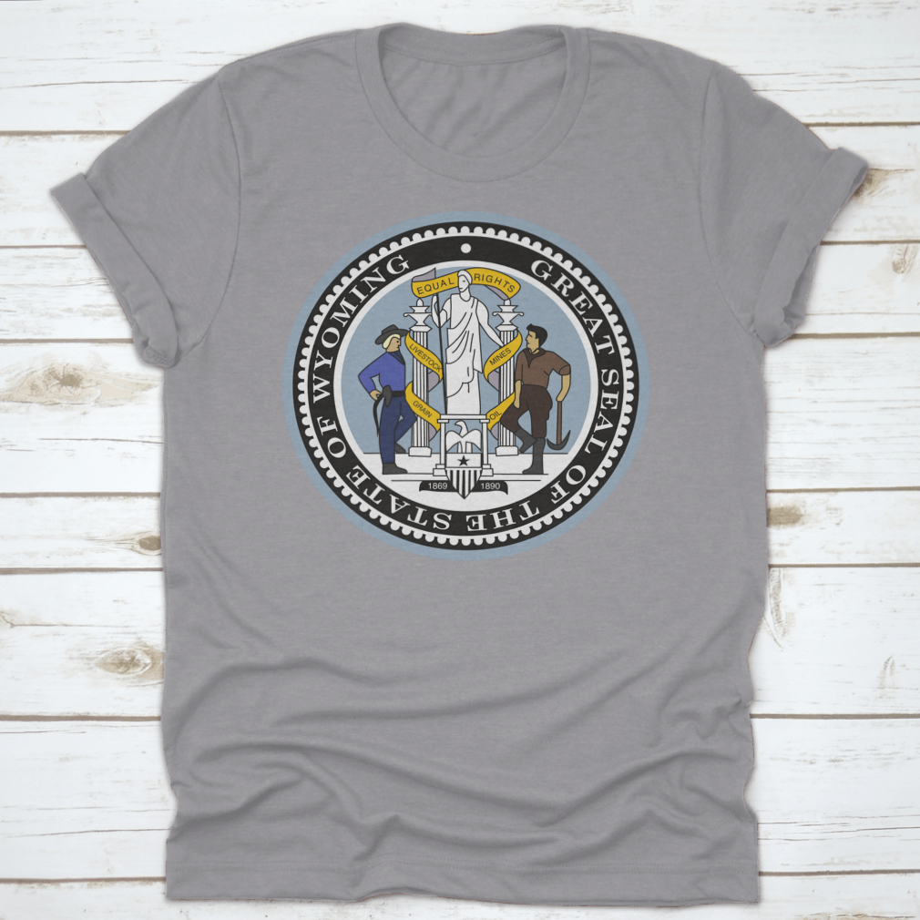 Official Current Vector Great Seal Of The Federal State Of Wyoming shirt, showcasing the state seal on a comfortable cotton fabric.