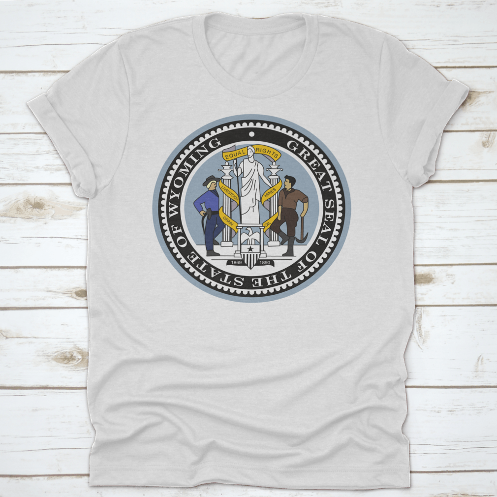 Official Current Vector Great Seal Of The Federal State Of Wyoming shirt, showcasing the state seal on a comfortable cotton fabric.