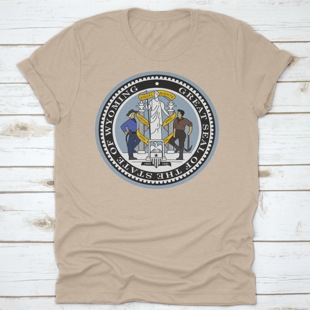 Official Current Vector Great Seal Of The Federal State Of Wyoming shirt, showcasing the state seal on a comfortable cotton fabric.