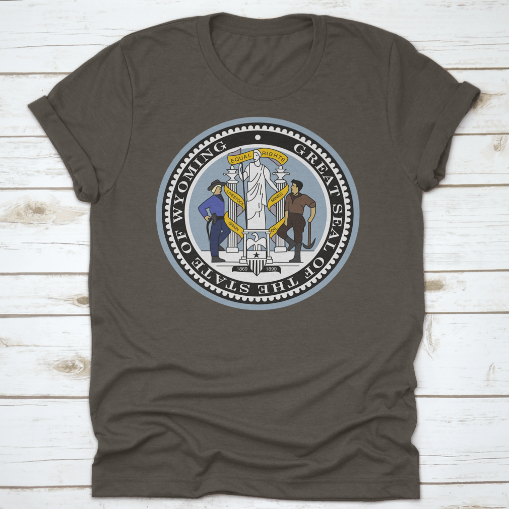 Official Current Vector Great Seal Of The Federal State Of Wyoming shirt, showcasing the state seal on a comfortable cotton fabric.