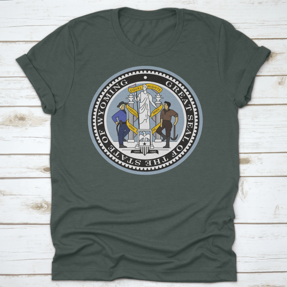 Official Current Vector Great Seal Of The Federal State Of Wyoming shirt, showcasing the state seal on a comfortable cotton fabric.