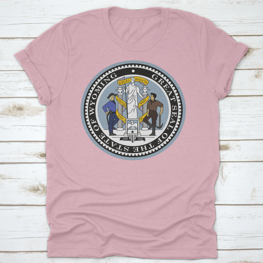 Official Current Vector Great Seal Of The Federal State Of Wyoming shirt, showcasing the state seal on a comfortable cotton fabric.