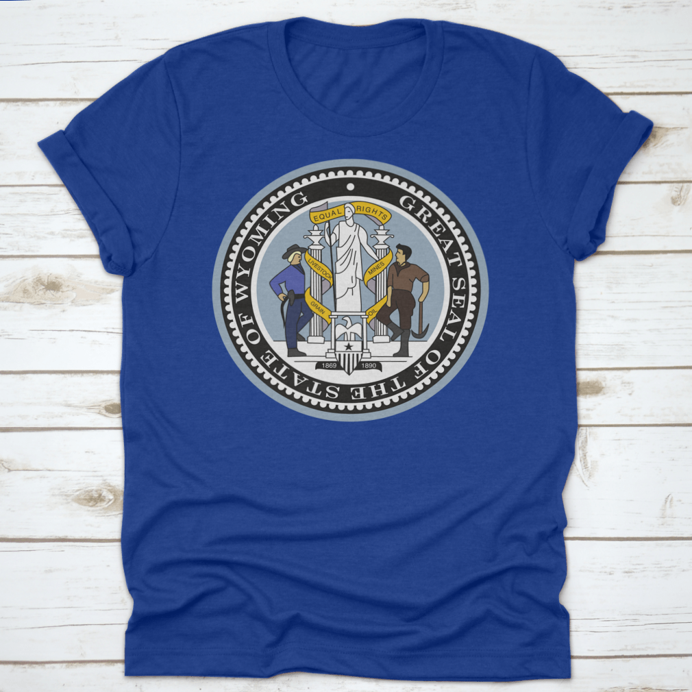 Official Current Vector Great Seal Of The Federal State Of Wyoming shirt, showcasing the state seal on a comfortable cotton fabric.