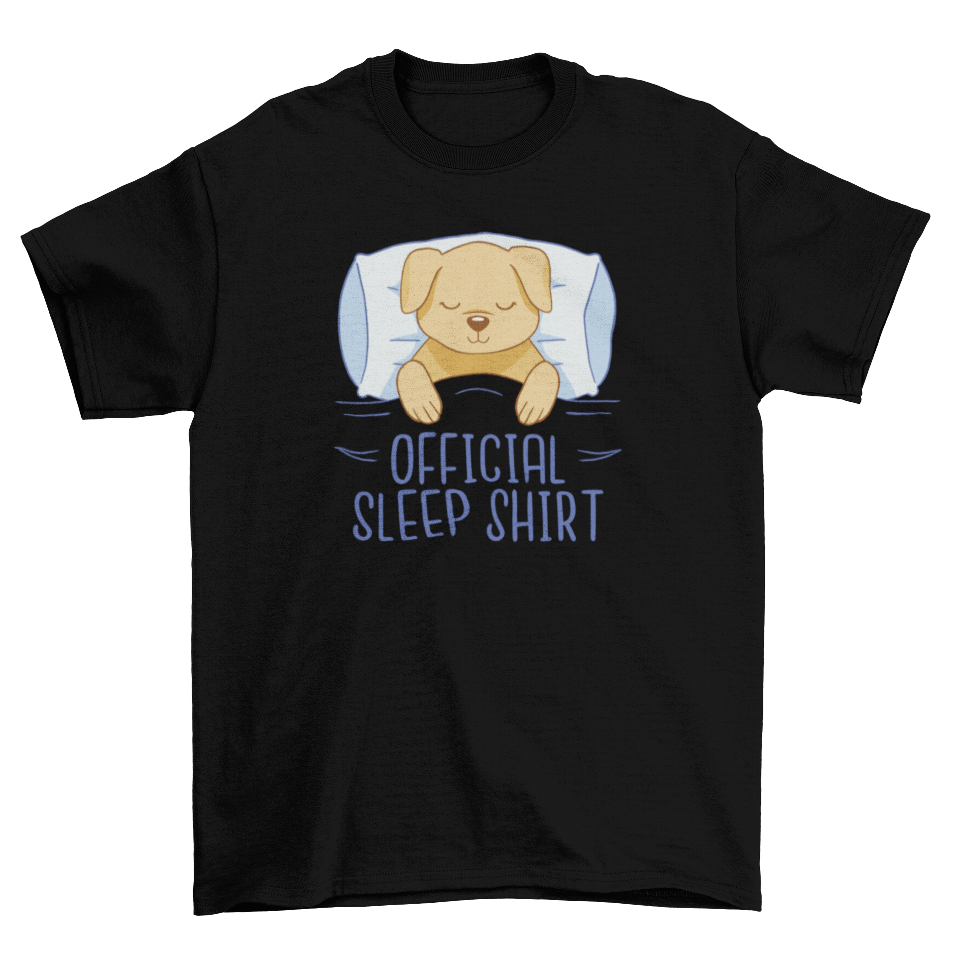 A cozy dog t-shirt featuring a cute dog in bed with the quote 'Official Sleep Shirt'.