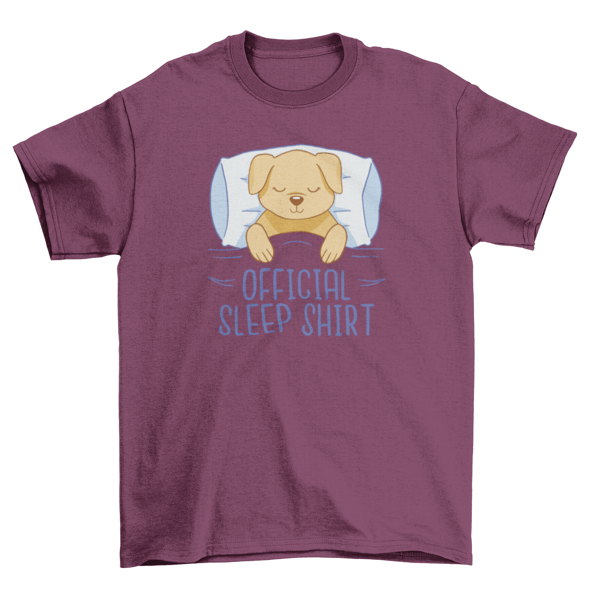 A cozy dog t-shirt featuring a cute dog in bed with the quote 'Official Sleep Shirt'.