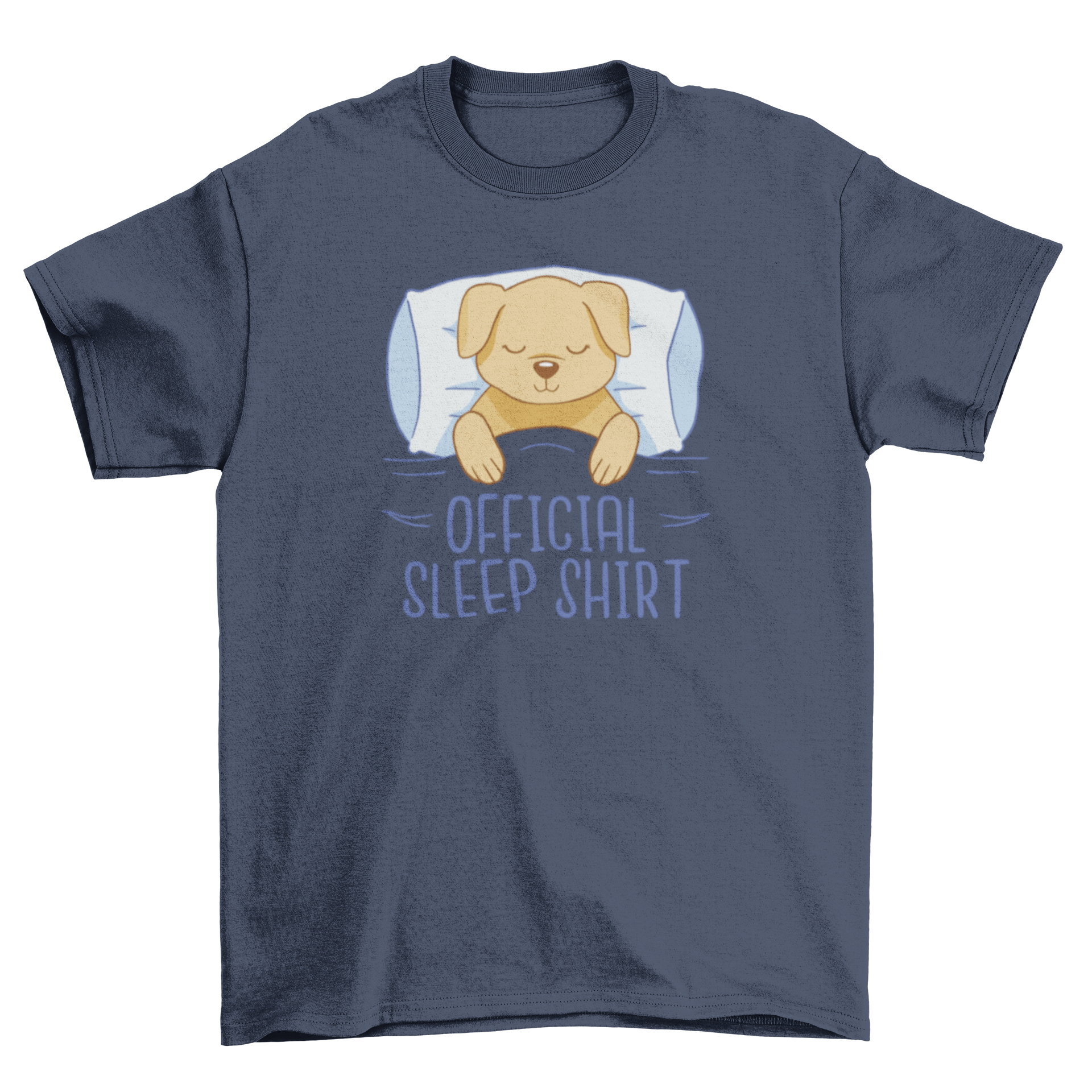 A cozy dog t-shirt featuring a cute dog in bed with the quote 'Official Sleep Shirt'.