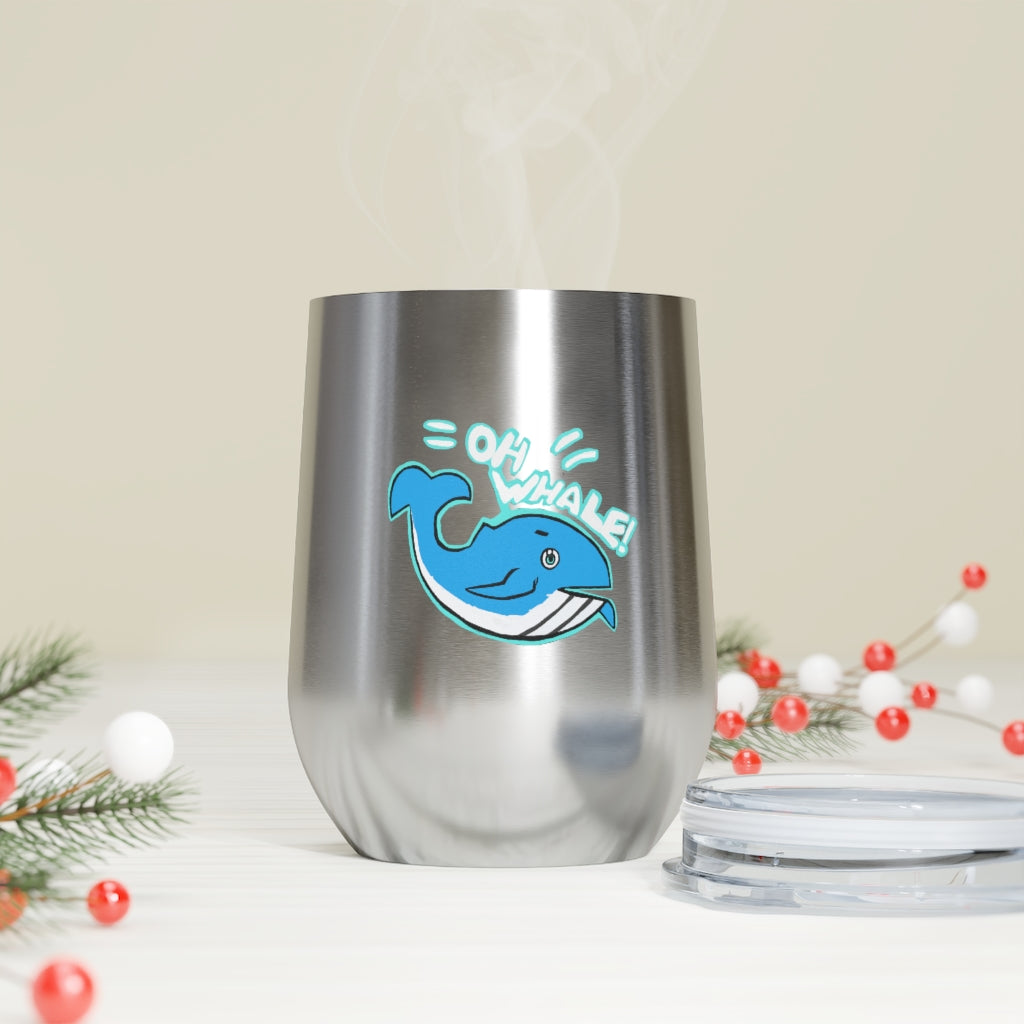 Oh Whale 12oz Insulated Wine Tumbler with clear lid, showcasing its stainless steel design and vibrant artwork.