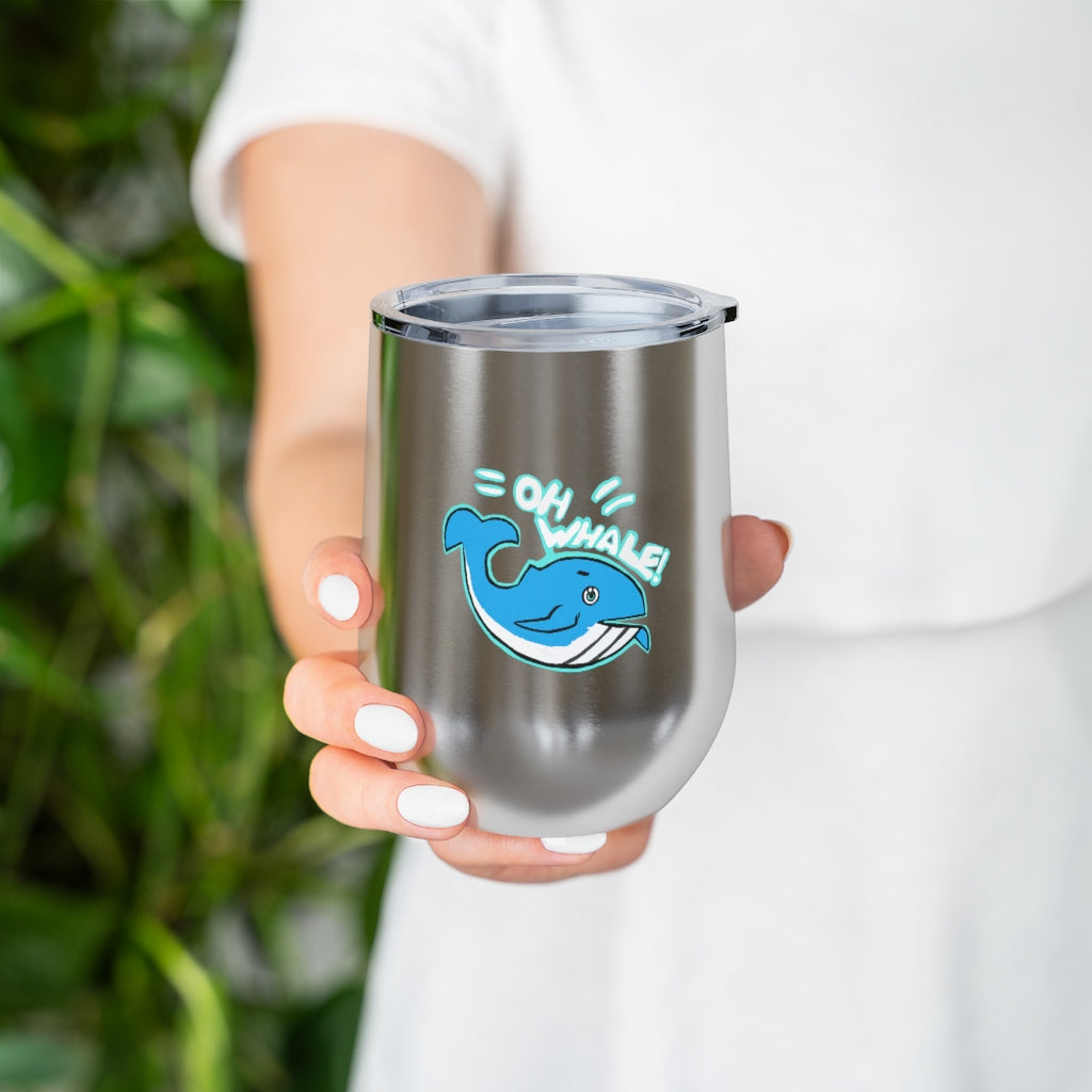 Oh Whale 12oz Insulated Wine Tumbler with clear lid, showcasing its stainless steel design and vibrant artwork.