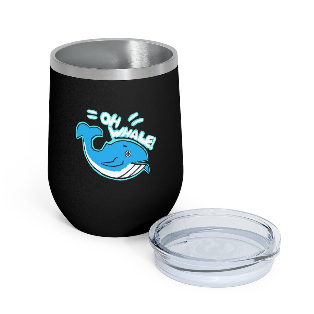 Oh Whale 12oz Insulated Wine Tumbler with clear lid, showcasing its stainless steel design and vibrant artwork.