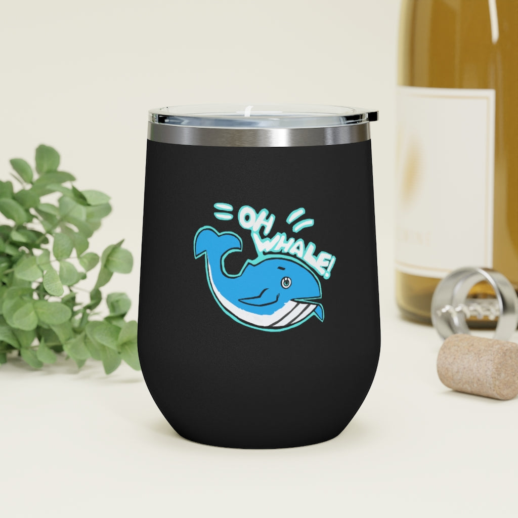 Oh Whale 12oz Insulated Wine Tumbler with clear lid, showcasing its stainless steel design and vibrant artwork.