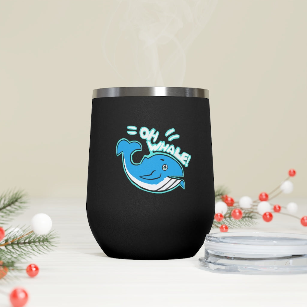 Oh Whale 12oz Insulated Wine Tumbler with clear lid, showcasing its stainless steel design and vibrant artwork.