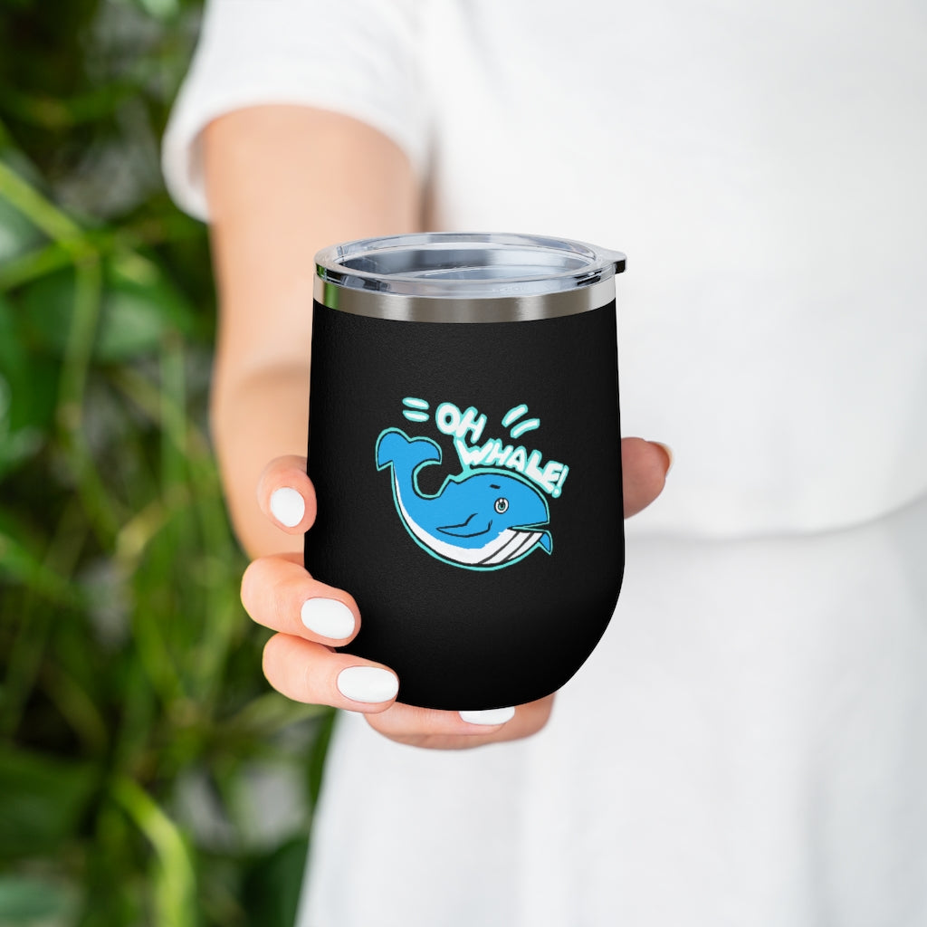 Oh Whale 12oz Insulated Wine Tumbler with clear lid, showcasing its stainless steel design and vibrant artwork.