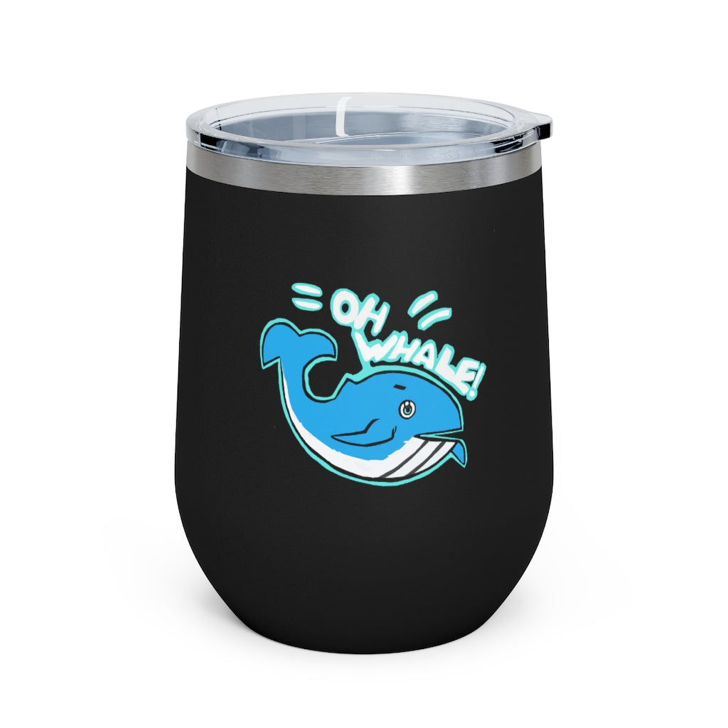 Oh Whale 12oz Insulated Wine Tumbler with clear lid, showcasing its stainless steel design and vibrant artwork.