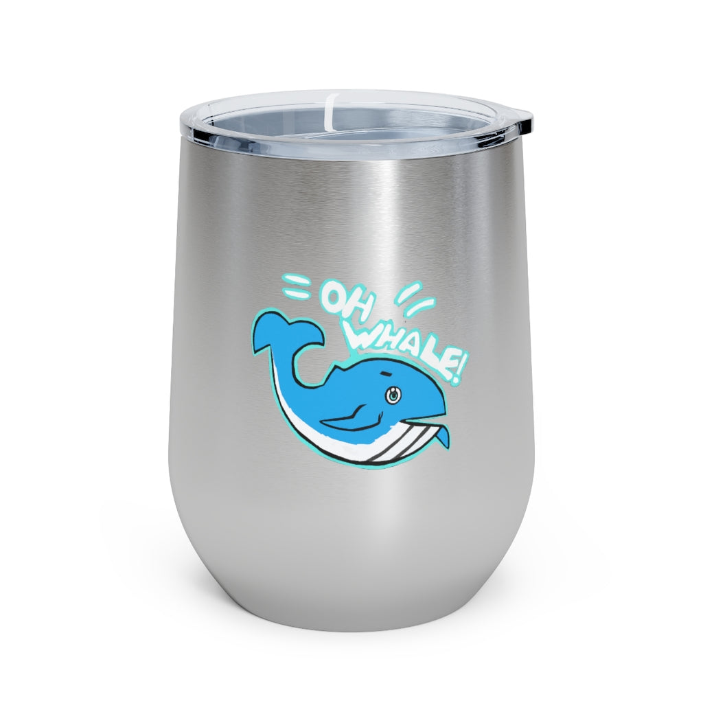 Oh Whale 12oz Insulated Wine Tumbler with clear lid, showcasing its stainless steel design and vibrant artwork.