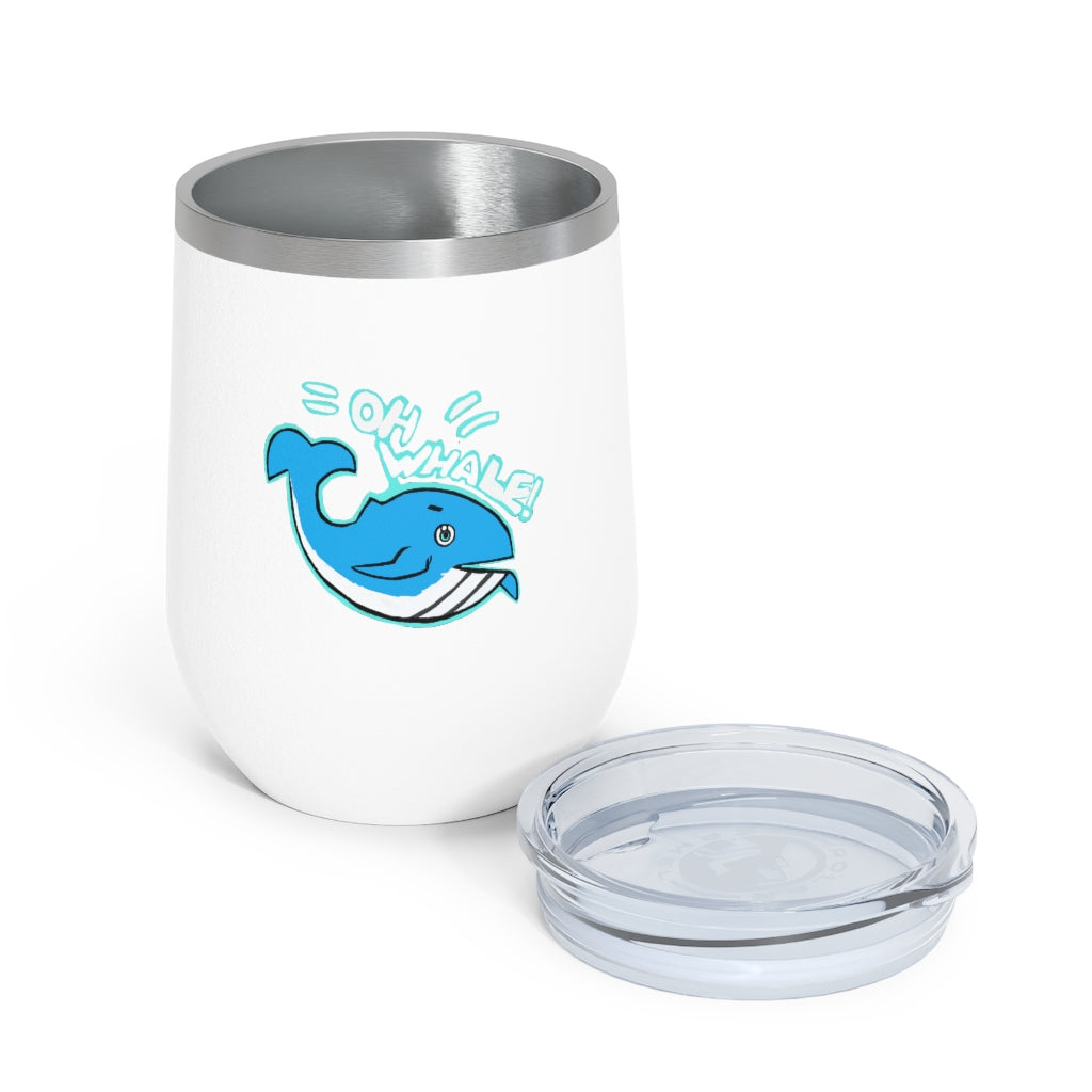 Oh Whale 12oz Insulated Wine Tumbler with clear lid, showcasing its stainless steel design and vibrant artwork.