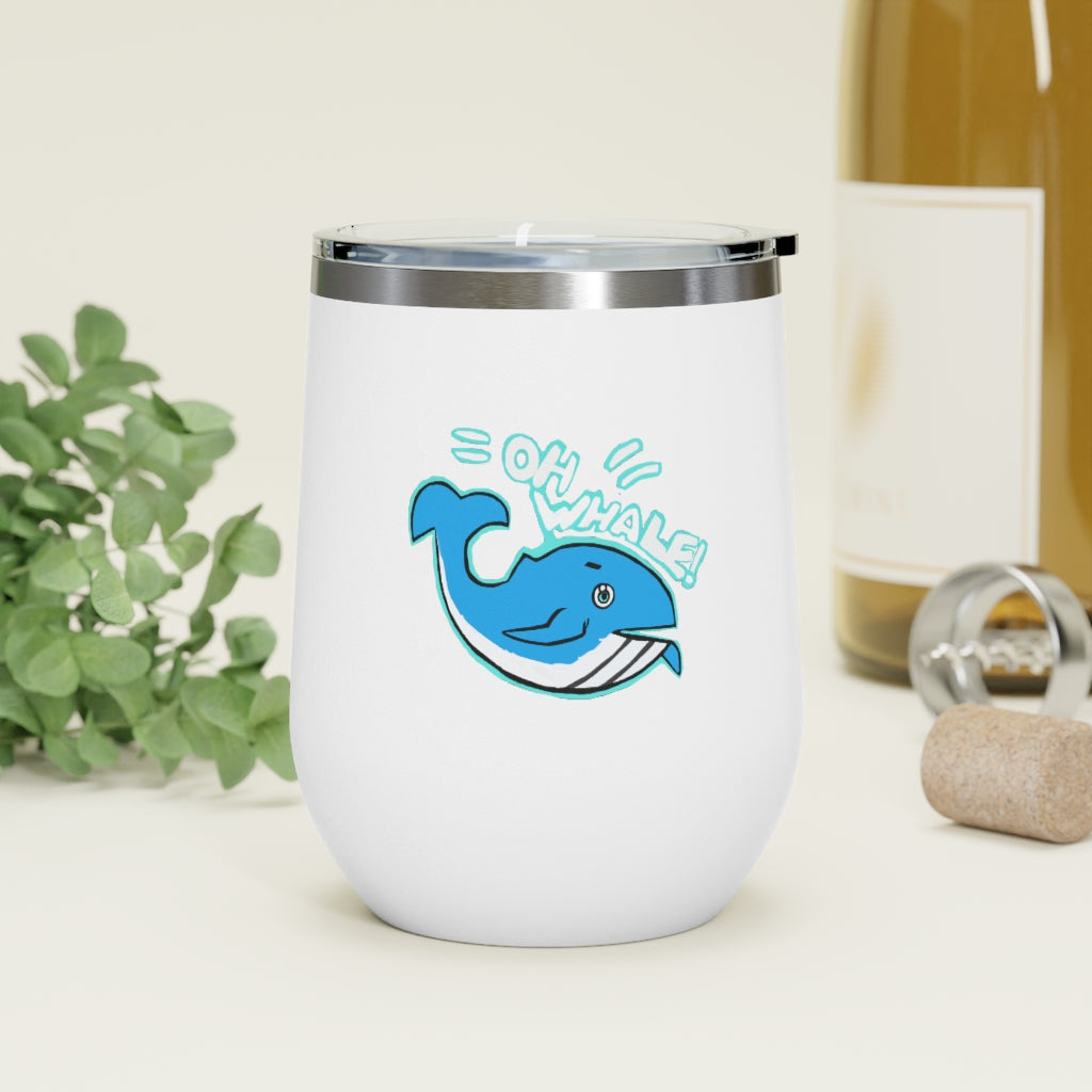 Oh Whale 12oz Insulated Wine Tumbler with clear lid, showcasing its stainless steel design and vibrant artwork.