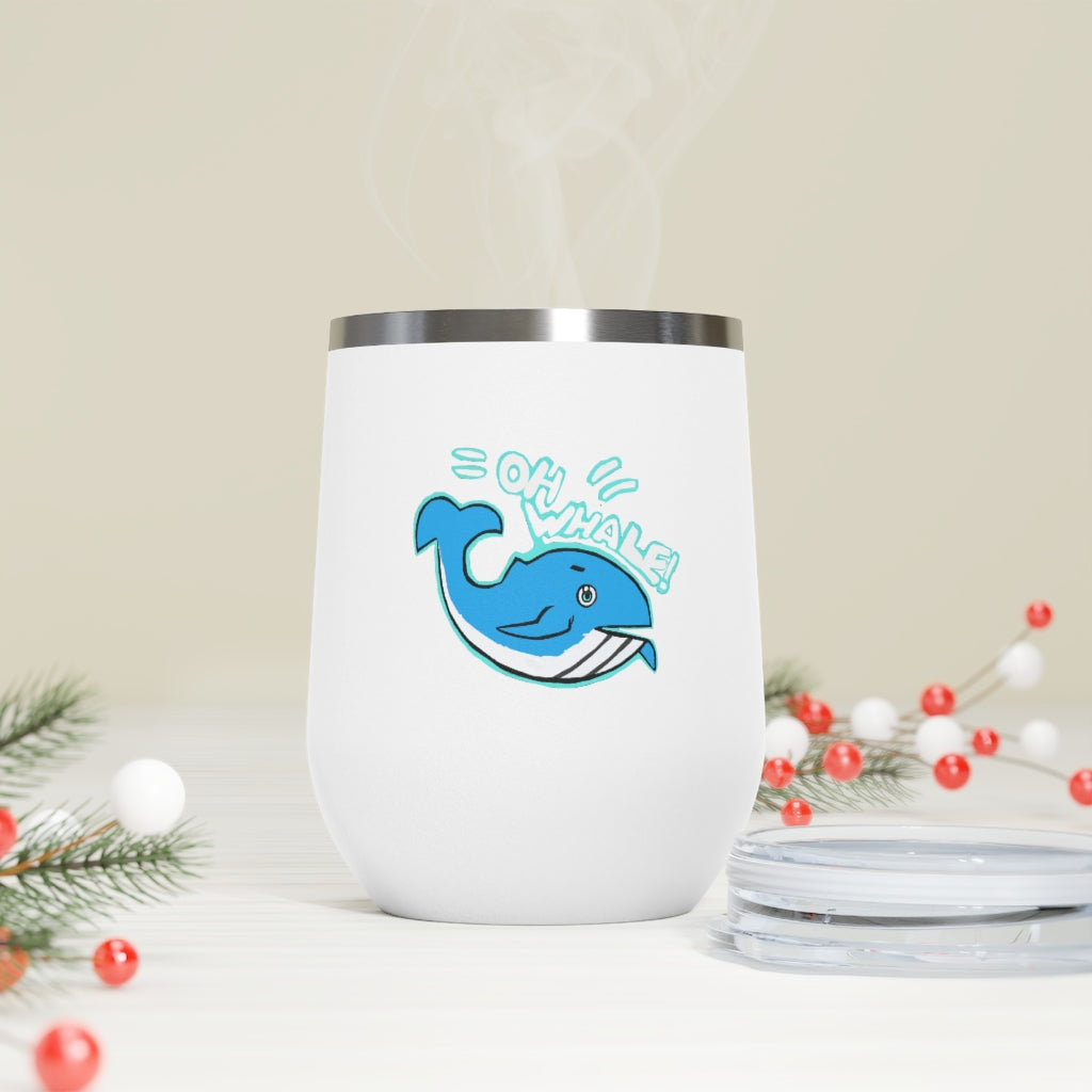 Oh Whale 12oz Insulated Wine Tumbler with clear lid, showcasing its stainless steel design and vibrant artwork.