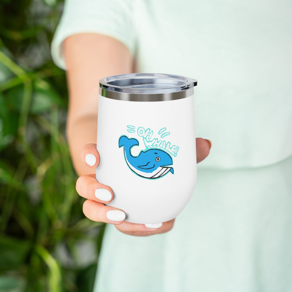 Oh Whale 12oz Insulated Wine Tumbler with clear lid, showcasing its stainless steel design and vibrant artwork.