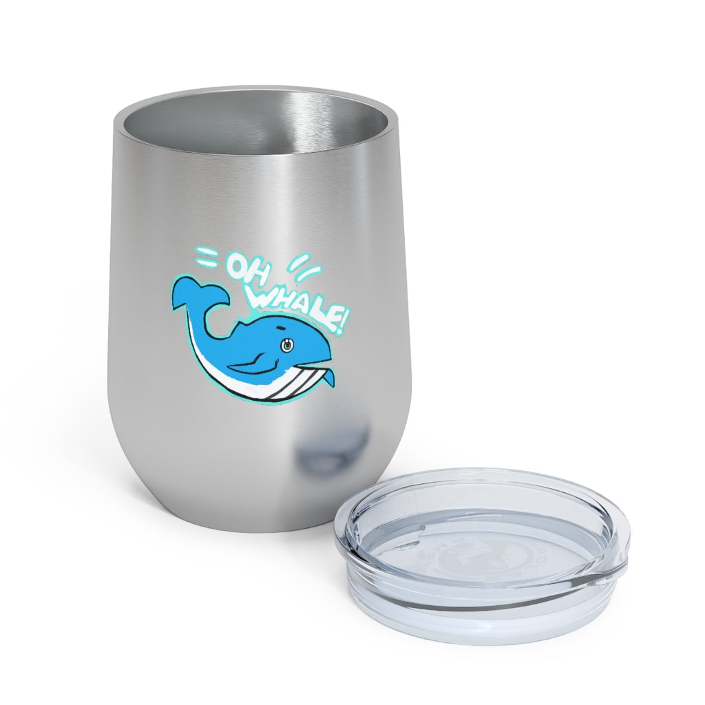 Oh Whale 12oz Insulated Wine Tumbler with clear lid, showcasing its stainless steel design and vibrant artwork.