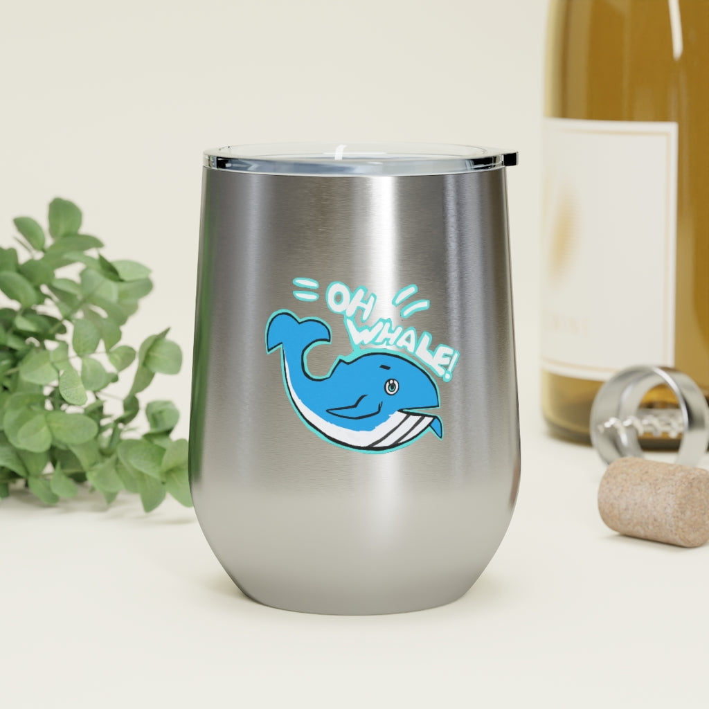 Oh Whale 12oz Insulated Wine Tumbler with clear lid, showcasing its stainless steel design and vibrant artwork.