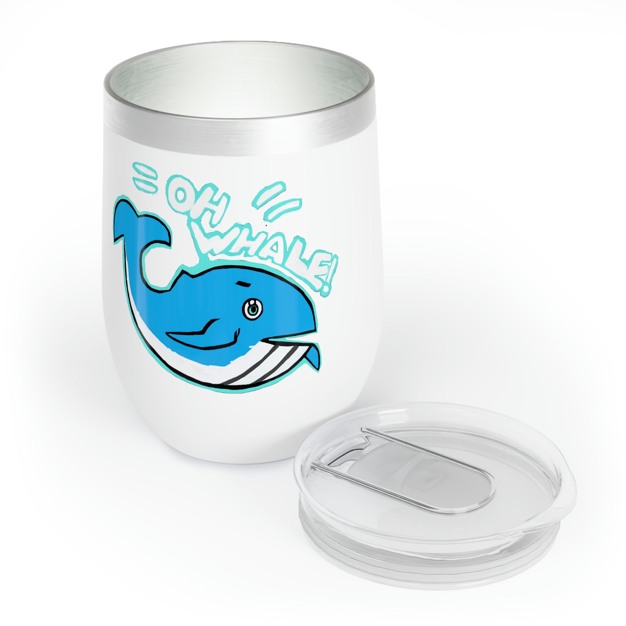 Oh Whale Chill Wine Tumbler in stainless steel with a customizable design, showcasing its double-insulated walls and stemless shape.