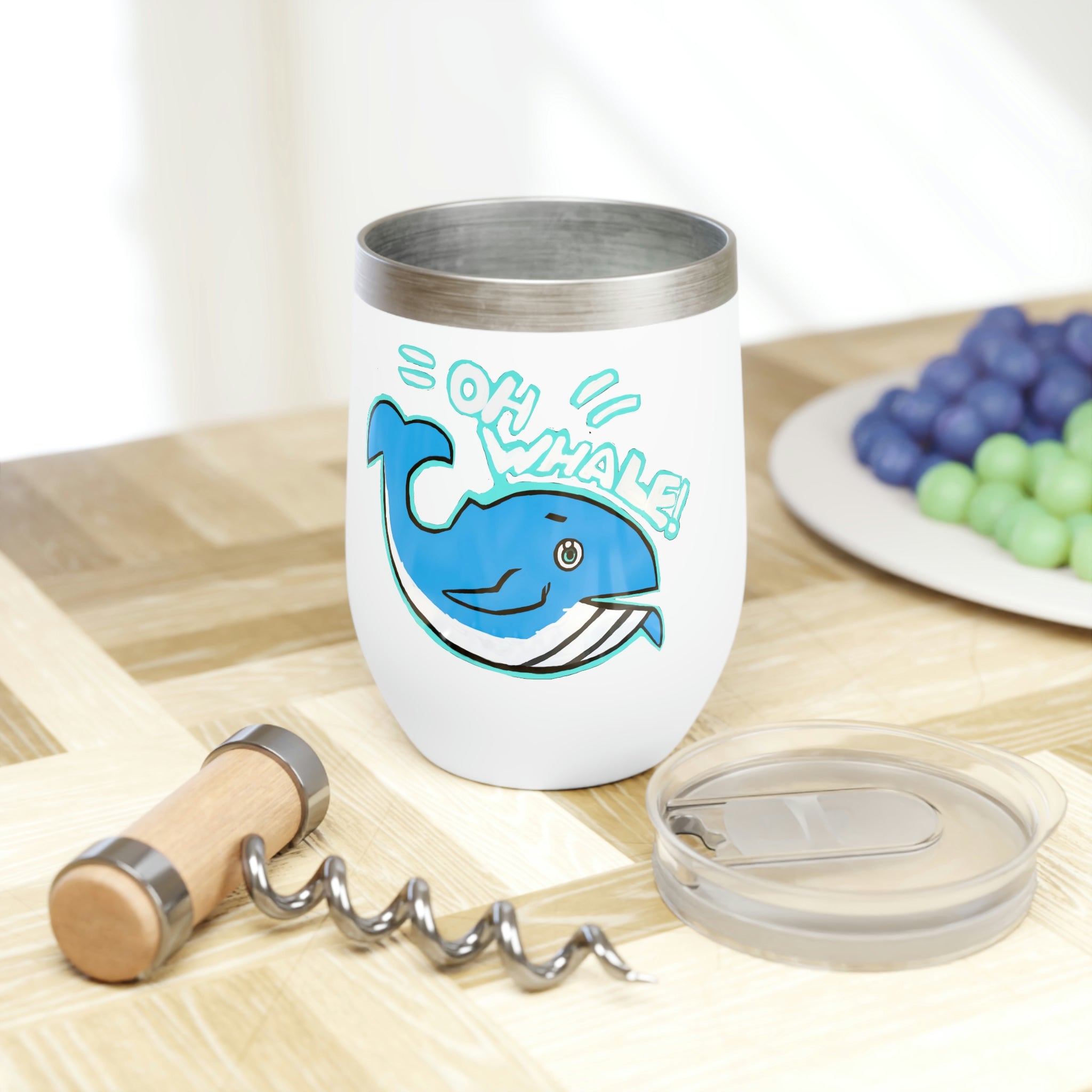 Oh Whale Chill Wine Tumbler in stainless steel with a customizable design, showcasing its double-insulated walls and stemless shape.