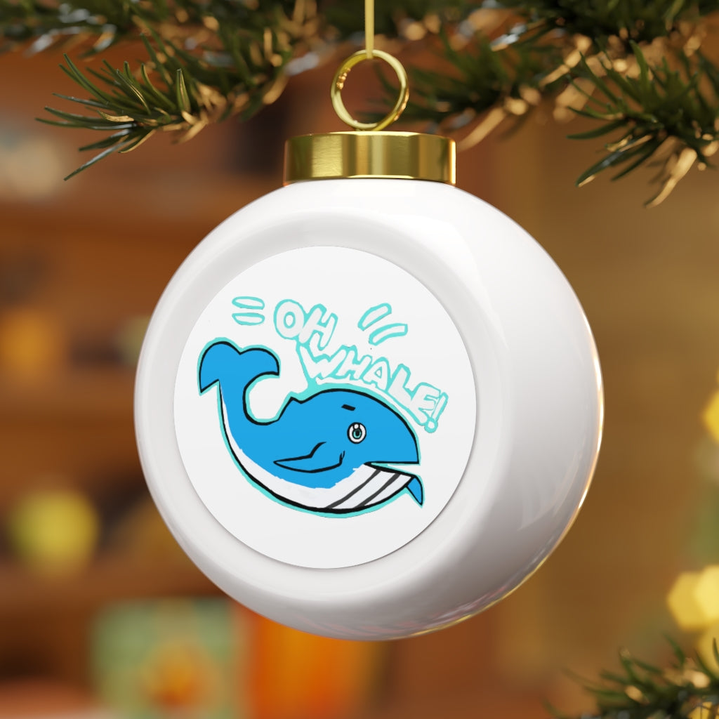 Oh Whale Christmas Ball Ornament with glossy finish and gold ribbon, featuring a vintage design and customizable metal insert.