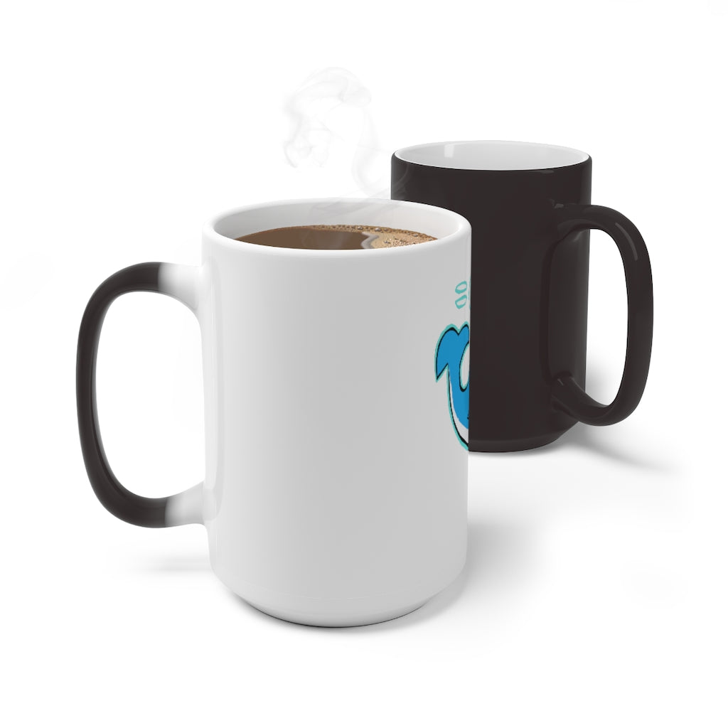 Oh Whale Color Changing Mug showcasing its whimsical design and color-changing feature when filled with hot liquid.