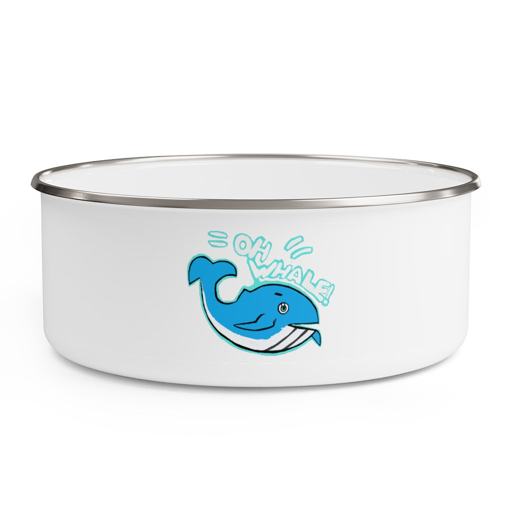 Oh Whale Enamel Bowl featuring a whimsical whale print, made of stainless steel with a translucent plastic lid and anti-slip backing.