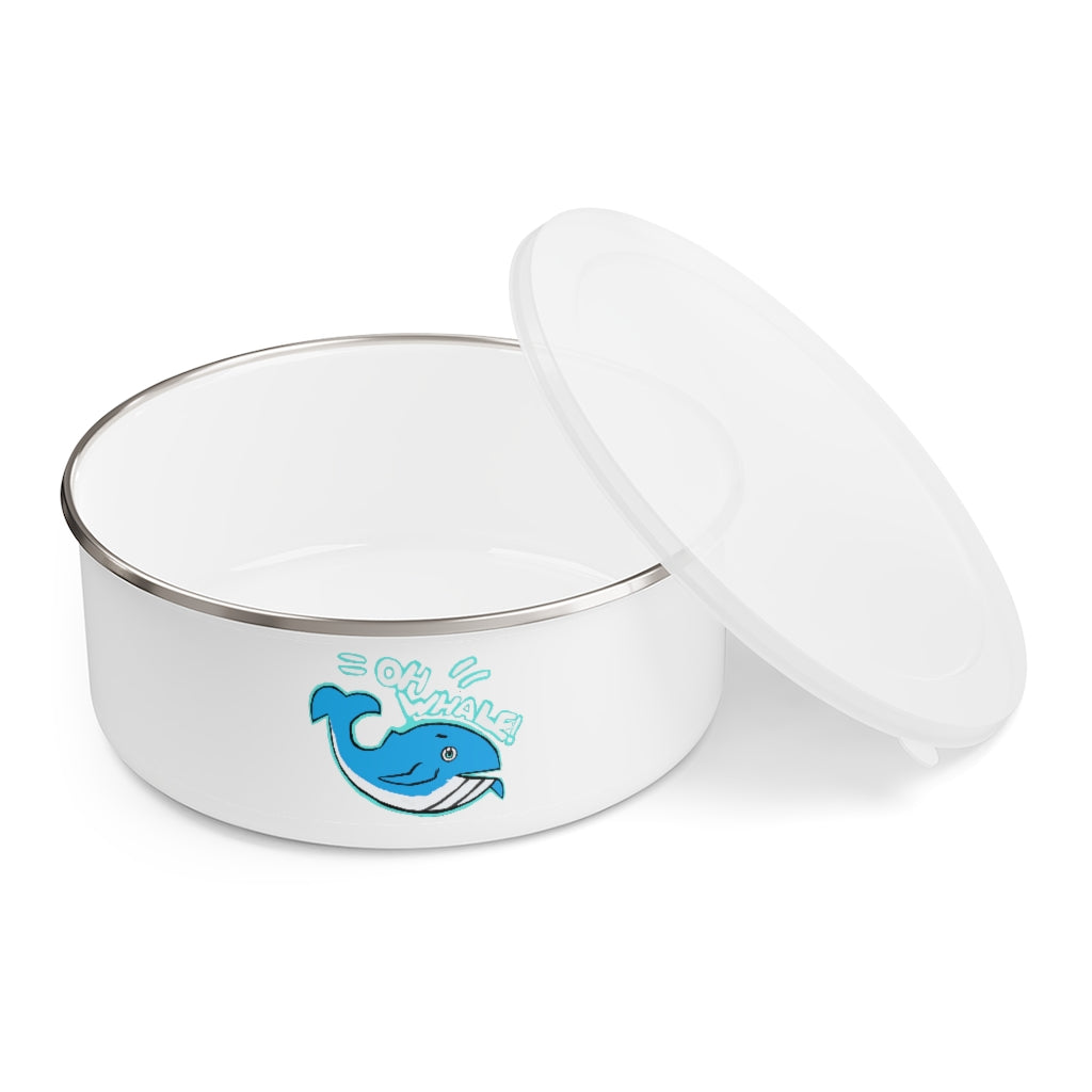 Oh Whale Enamel Bowl featuring a whimsical whale print, made of stainless steel with a translucent plastic lid and anti-slip backing.