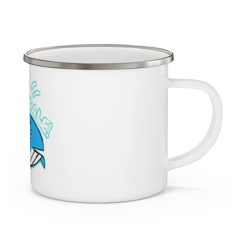 Oh Whale Enamel Camping Mug with colorful design, perfect for outdoor use, featuring a C-handle and rounded corners.