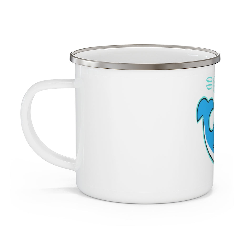 Oh Whale Enamel Camping Mug with colorful design, perfect for outdoor use, featuring a C-handle and rounded corners.