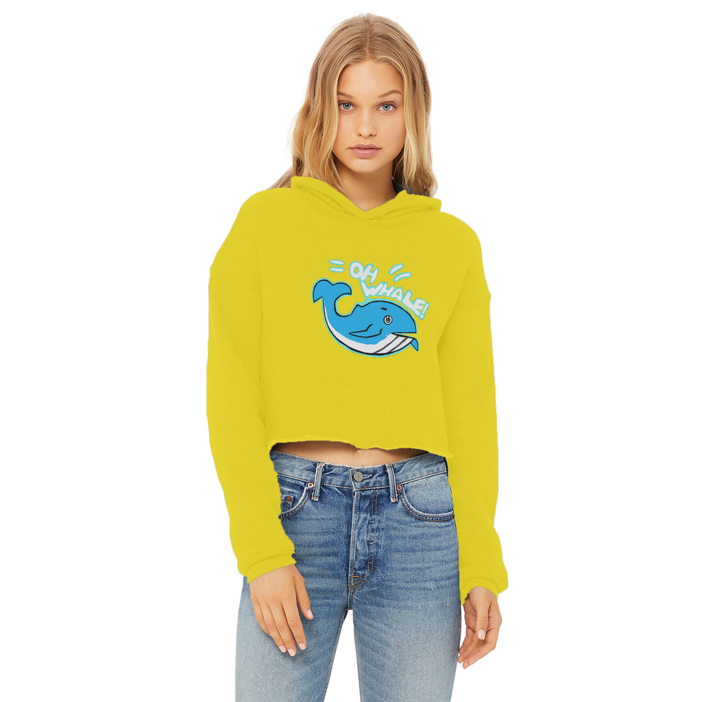 Oh Whale Ladies Cropped Raw Edge Hoodie featuring a stylish cropped design, raw edge hem, and double fabric hood in a soft cotton blend.