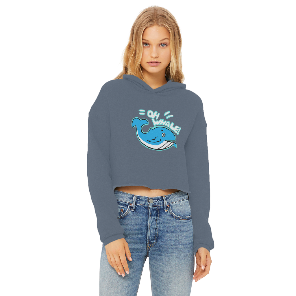 Oh Whale Ladies Cropped Raw Edge Hoodie featuring a stylish cropped design, raw edge hem, and double fabric hood in a soft cotton blend.