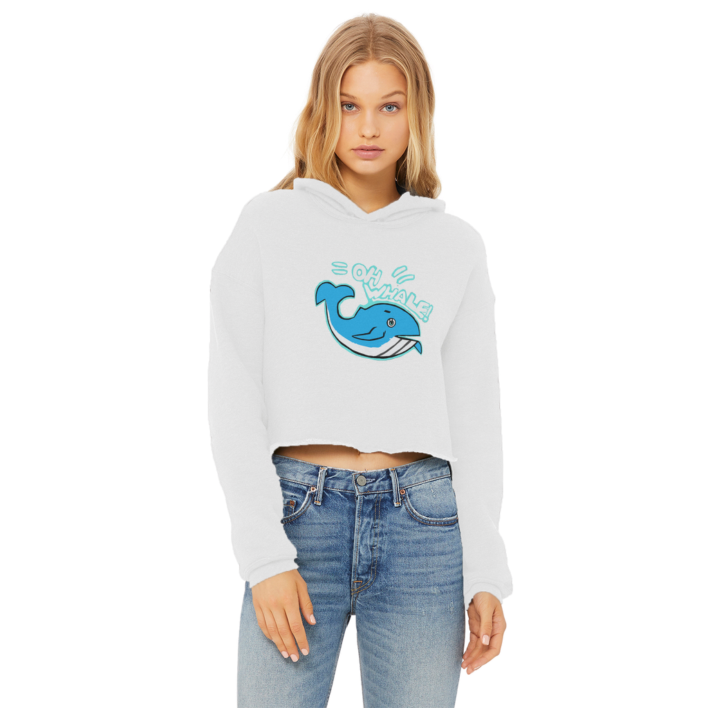 Oh Whale Ladies Cropped Raw Edge Hoodie featuring a stylish cropped design, raw edge hem, and double fabric hood in a soft cotton blend.