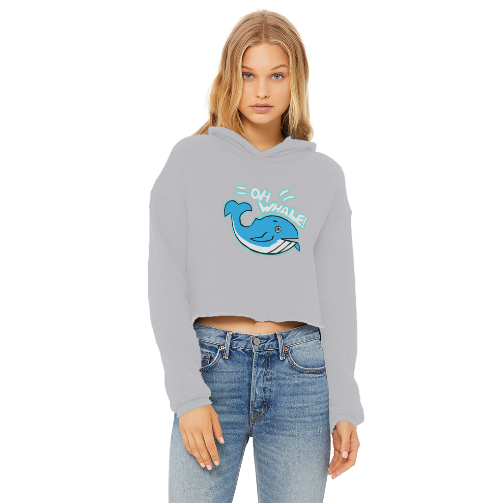 Oh Whale Ladies Cropped Raw Edge Hoodie featuring a stylish cropped design, raw edge hem, and double fabric hood in a soft cotton blend.