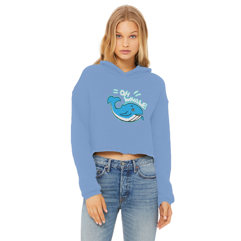 Oh Whale Ladies Cropped Raw Edge Hoodie featuring a stylish cropped design, raw edge hem, and double fabric hood in a soft cotton blend.