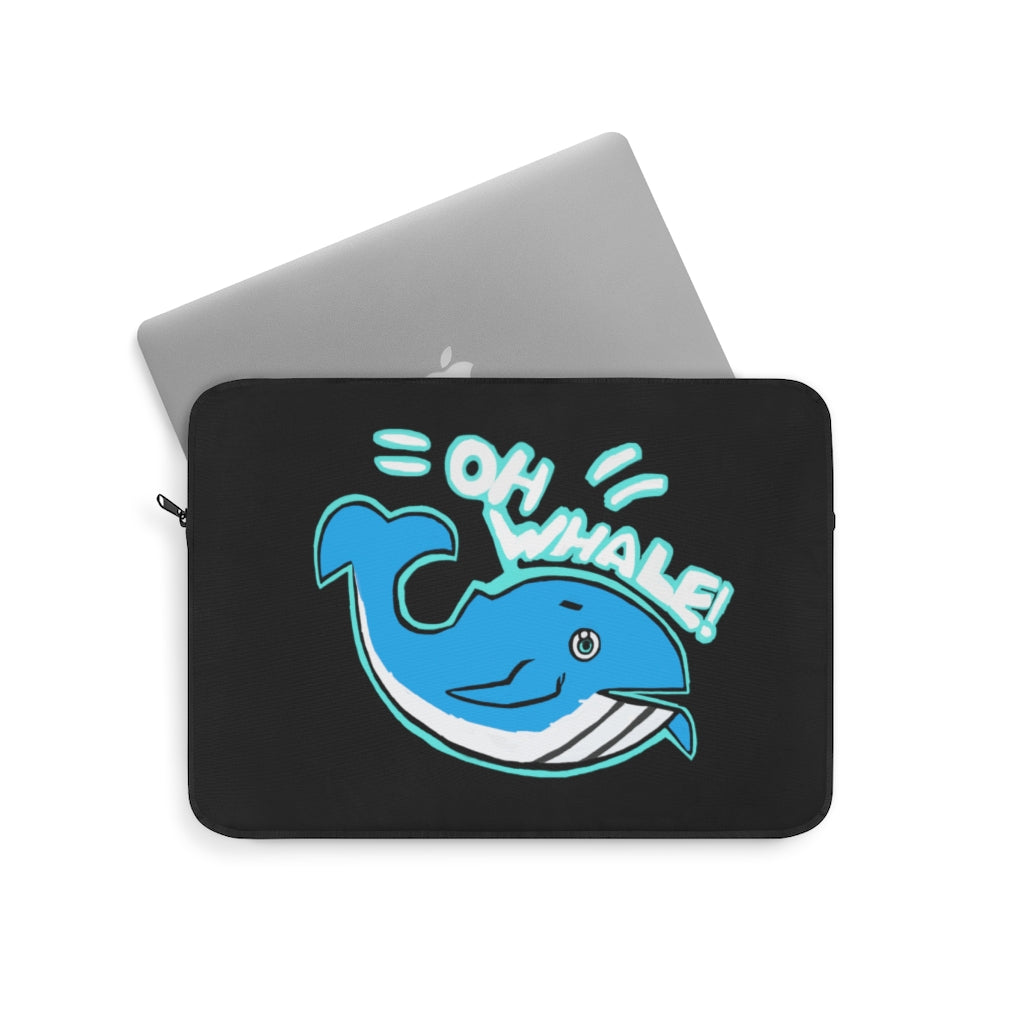 Oh Whale Laptop Sleeve featuring a stylish whale design on one side and a black polyester back, perfect for protecting laptops.