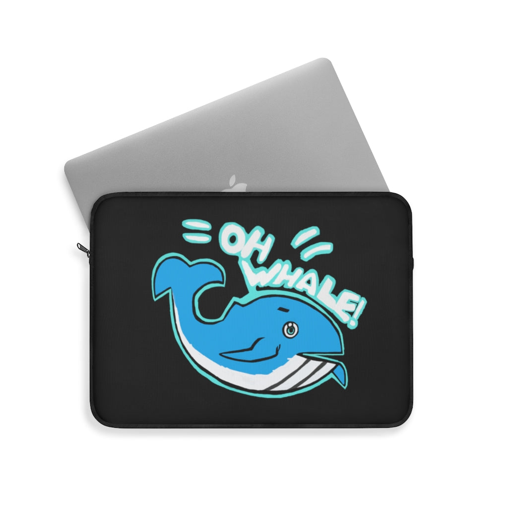 Oh Whale Laptop Sleeve featuring a stylish whale design on one side and a black polyester back, perfect for protecting laptops.