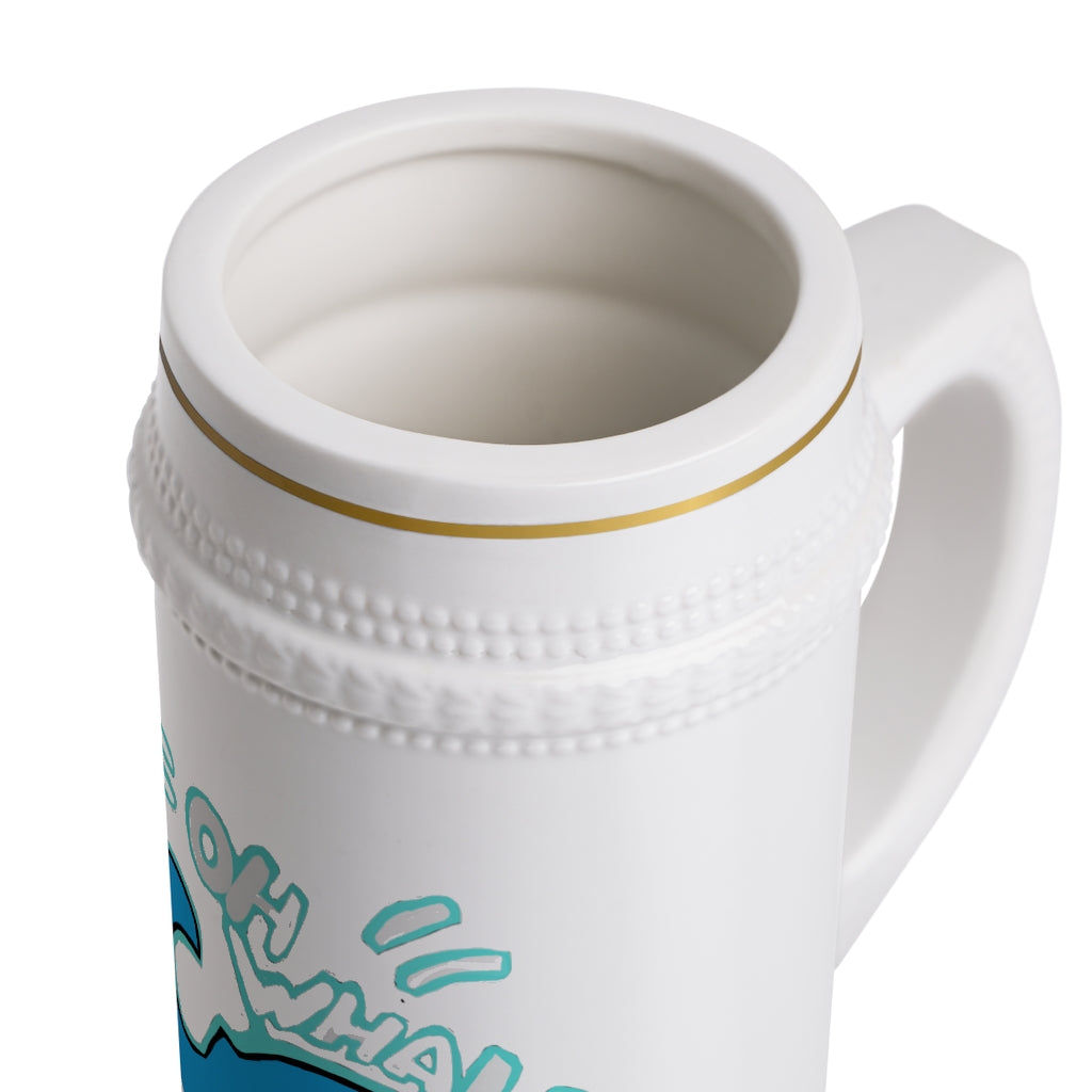 Oh Whale Stein Mug made of durable white ceramic with ribbed outlines, perfect for custom designs.